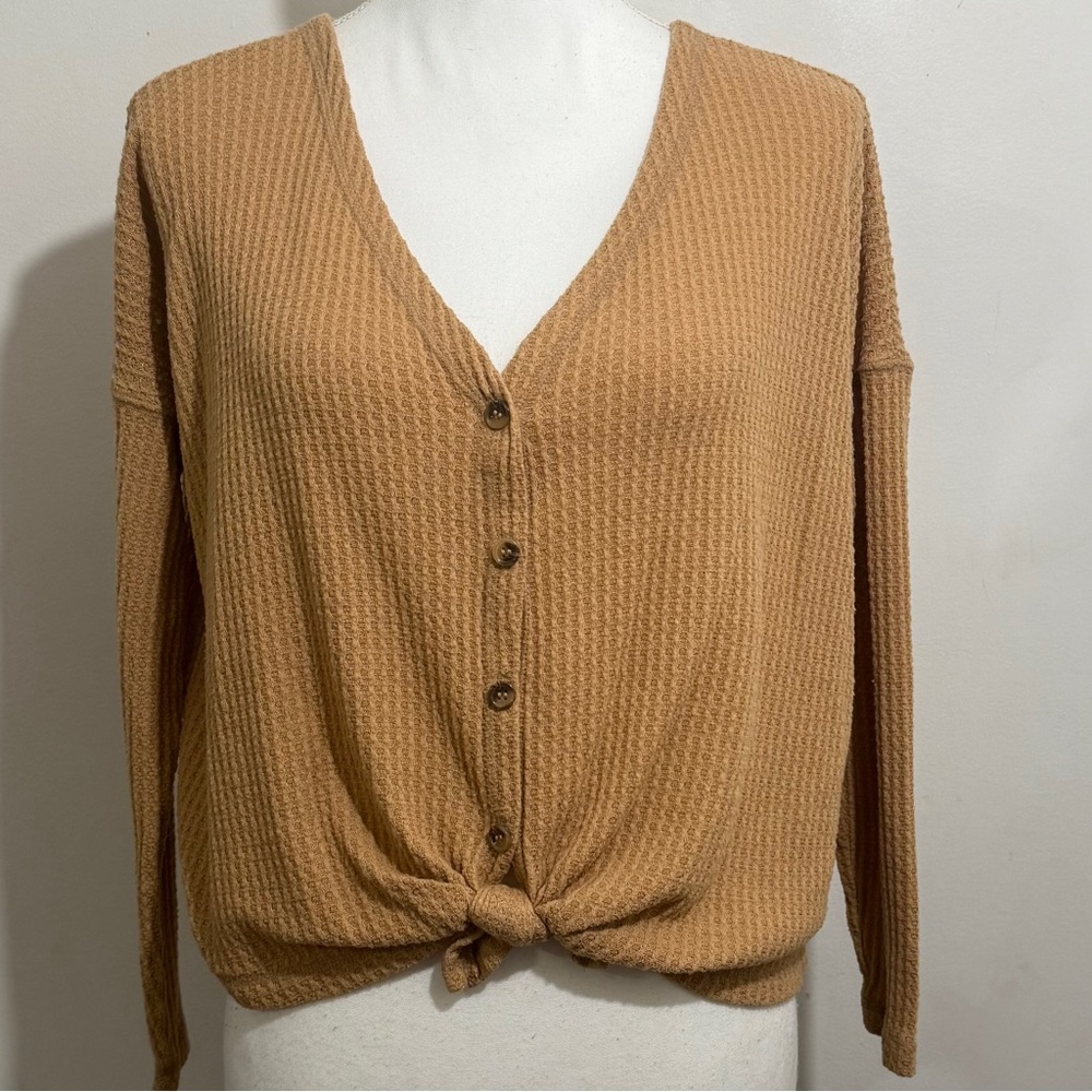 American Eagle Waffle Knit Button Front Tie Hem Top — Size XS